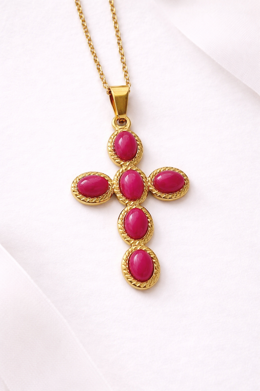 collana Croce pietre fucsia