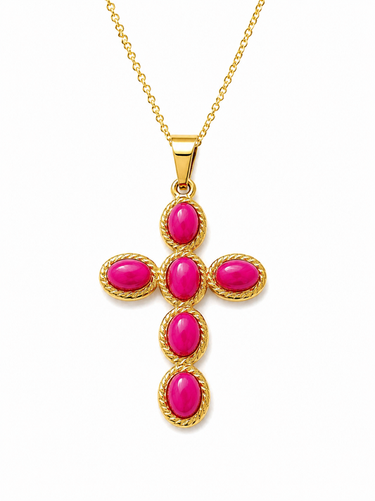 collana Croce pietre fucsia